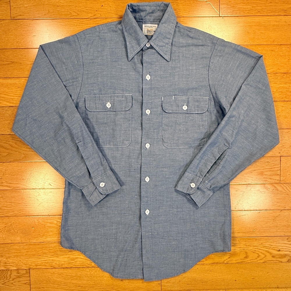 Vintage Big Mac JCPenney Blue Chambray Work Shirt Mens Small Permanent Press